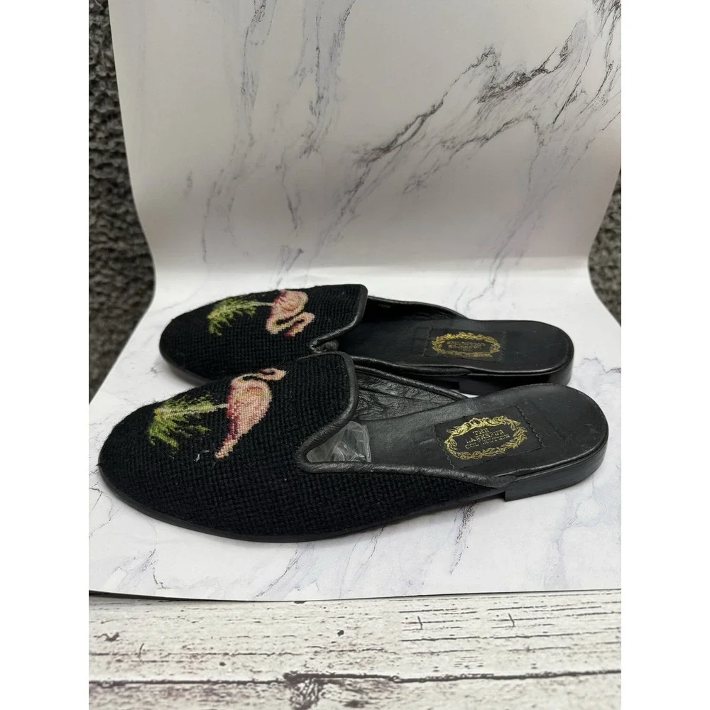 Larkspur‎ Collection Vintage Pink Flamingo in Black Mules Slide Shoes Flats L